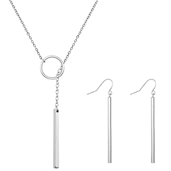 Necklace & Earrings Simple Karma Pull Through w/Bar Set - Picture 1 of 6